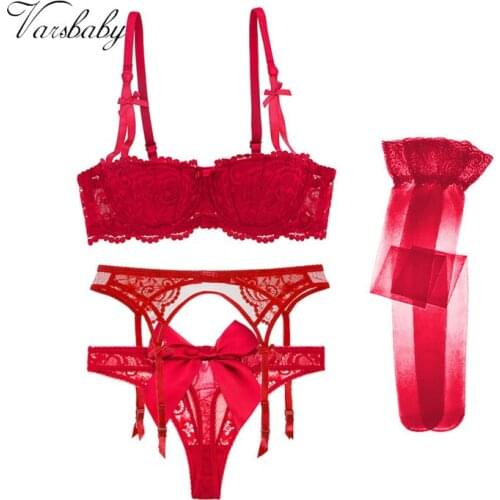 Varsbaby New Bow Underwire Half Cup Lace Sexy Bra Set 4Pcs Bra+Panties+Garter+Stockings For Woman