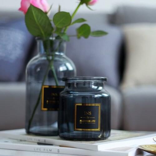 Nordic style gray glass vase bedroom vase dining table decoration mini gold sticker