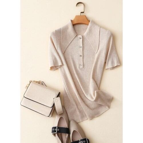 Spring summer new styles women short sleeve ribbed knit 100% cashmere sweater knitwear