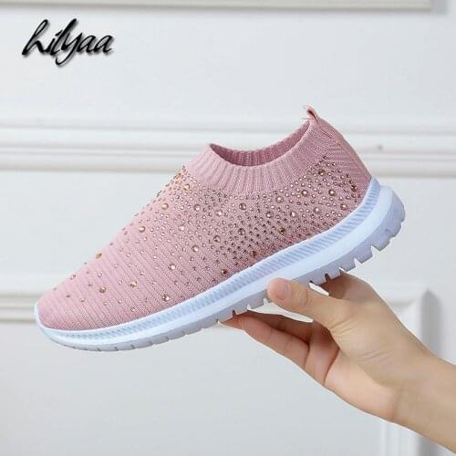High Quality Woman Casual Vulcanized shoes Rhinestone Breathable light mesh shoes walking running sneaker women flats size 35-43