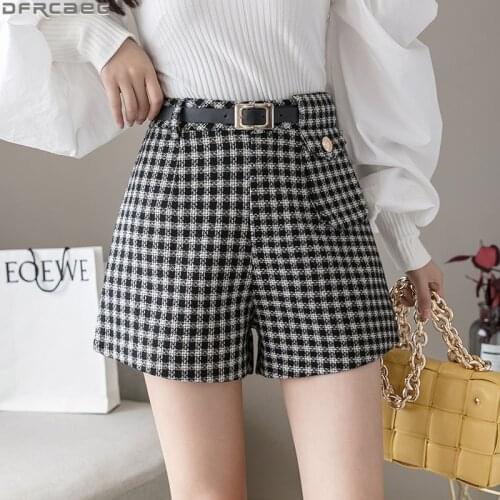Autumn and Winter Tweed Plaid Womens Shorts Casual High Waist With Belt Short Femme Vintage Pocket Woolen Tartan Shorts Female