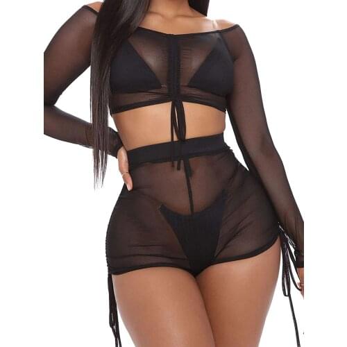 Women Sexy See-through Clothes Set Black Long Sleeve Crop Tops and High Waist Shorts beach wear women ed hardy lingerie set