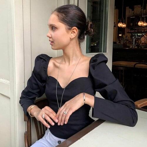 2020 Fashion Women Puff Sleeve Square Collar Crop Tops Summer Ladies Sexy Slim Casual Solid Color Shirts Blouse And Top