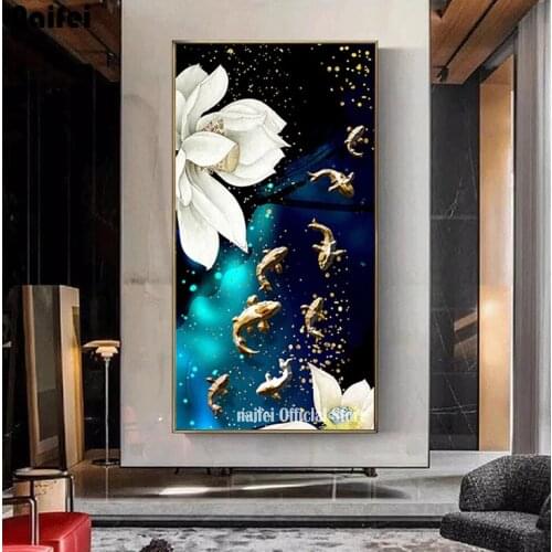 5d DIY Diamond Painting White Lotus And Goldfish Landscape Wall Art Painting Full Drill Mosaic Diamond Embroidery Home Decor Kit