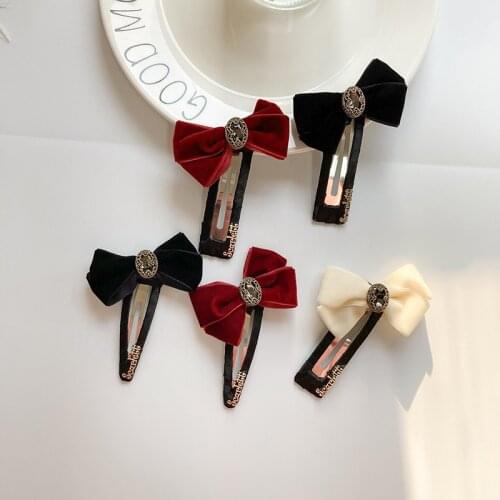 Velvet Bow Barrettes Spring Clips Hair Accessories Fashion Retro Black Red Rhinestone Silk Bow-knot Hairpin Hair Clips Wholesale