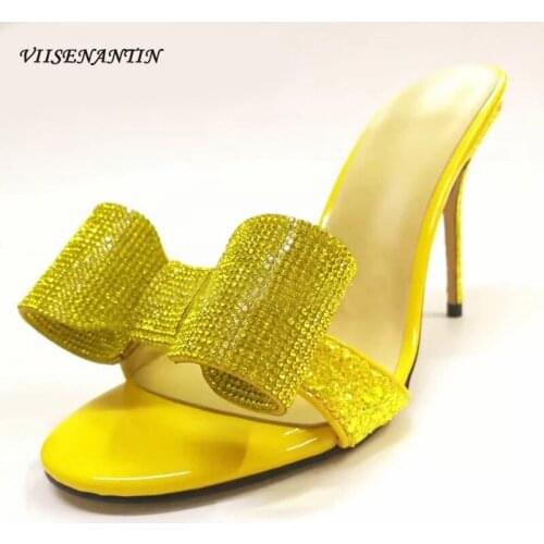 High heel slippers female summer 2021 new bow knot rhinestone temperament fashion all-match thick heel sandals and slippers