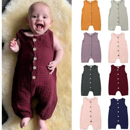 2019 Baby Summer Clothing Newborn Baby Boy Girl Cotton Linen Romper Sleeveless Single Breasted Unisex Jumpsuit Playsuit 0-24M