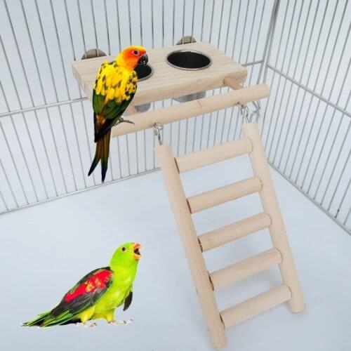Bird Feeding Dish Cups Stainless Steel Parrot Cage Feeder Bowl with Wooden Platform Ladder Toy for c.ckatiels Lovebirds