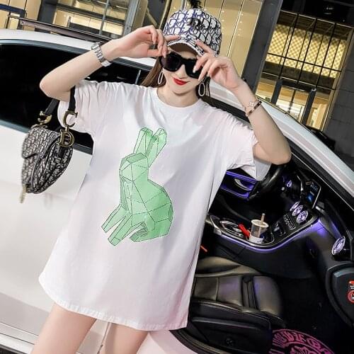 Fashion New O collar Mid-length Tops Women Casual Short Sleeve Tees Summer Hot drilling Woman printing T-shirt womens clothing