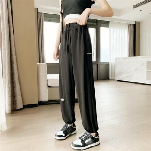 2021 New High Waist Soft Comfort Women Pants Casual Summer Slacks Pants Women Ice Silk Long Trousers Lace Up Black Sweatpants