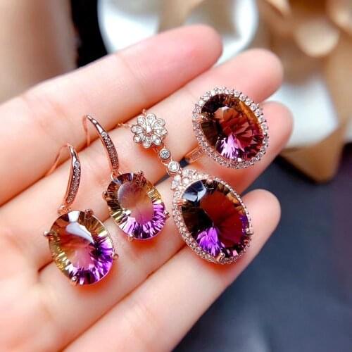 New Design Ametrine Set Natural And Real Ametrine Jewelry set 925 sterling silver 1pc Ring,1pc Pendant,2pcs Earring