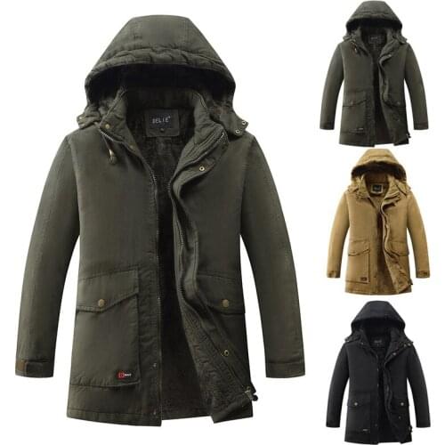 New Men Parka Thicken Warm Hooded Long Sleeve Pocket Zipper Solid Wind Proof Large Size Male Cotton Coat