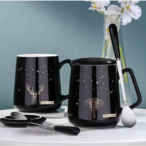 Simple BLack Mug With Lid Spoon Ceramic Men And Women Creative Coffee Cup Personality Trend Fresh And Smple Couple Water Cup
