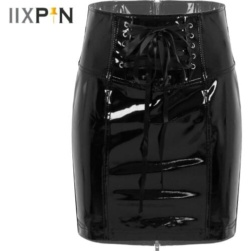 Sexy Girls Slim Fitted Pencil Skirts Wet Look Patent Leather Lace-up Mini Skirt High Waist Zipper Back Party Clubwear For Women