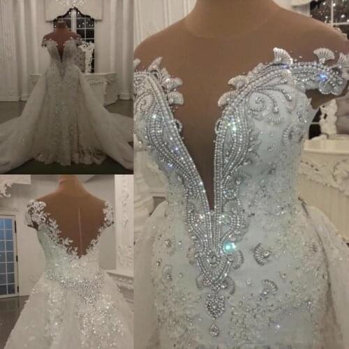 Modest Mermaid Wedding Dresses with Detachable Skirt Shining Sequins Crystals Beads Appliques Sheer Neck Backless Bridal Gowns