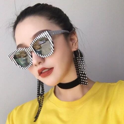 Sunglasses Women Vintage Sun Glasses Cat Eye Girl Oversize Glasses Black White Striped Big Frame Female Round Face Eyeglasses
