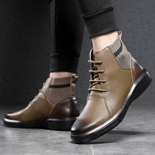 Comfortable Genuine leather Boots Mens Fashion middle Top Shoes Chelsea Ankle Boots Short Boot with/Without fur