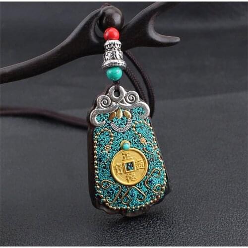 Vintage Nepal Long Ebony Thangka Pendant & Necklace Ethnic Bohemian Boho Buddha Lucky Jewelry for Women Men