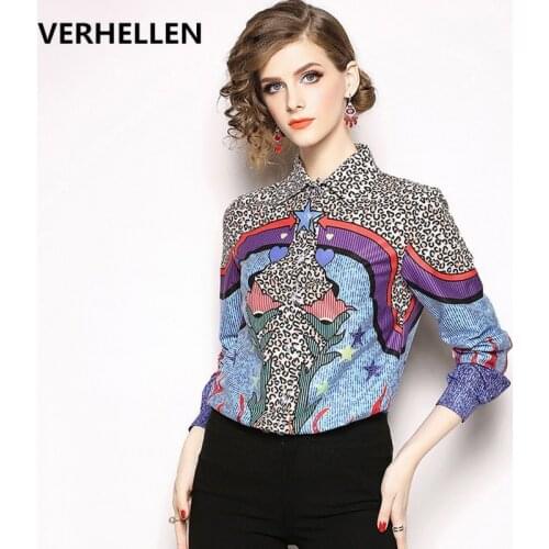 VERHELLEN Autumn 2019 Fashion Runway Women' Long Sleeve Leaopard Retro Print Chiffon Blouse Tops Elegant OL Casual Office Shirts