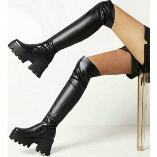 2021 Women Over the Knee Boots Platform Square High Heel Ladies Thigh Boots PU Leather Zipper Women Fall Winter Boots Big Size