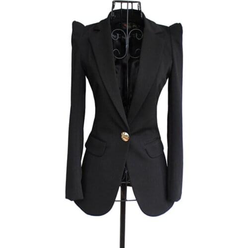Women elegant office lady black one button blazer shrug shoulder slim twill blazers new 2018 autumn spring