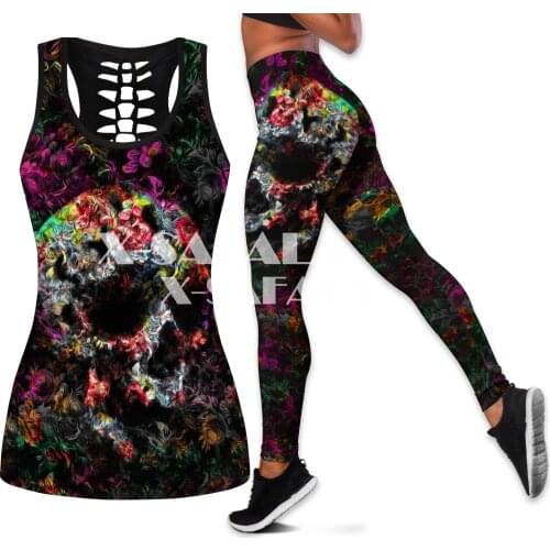 Love Skull And Tattoos Two Piece Yoga Set Women 3D Print Vest Hollow Out Tank Top High Waist Legging Summer Casual Sport-2