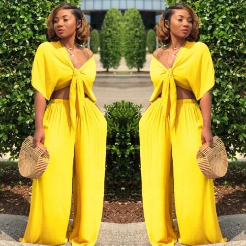 Women 2 Piece Set Loose Bandage Lace Up Crop Top+Wide Leg Pants Female V-Neck Short Sleeve Elastic Waist Trousers Suits