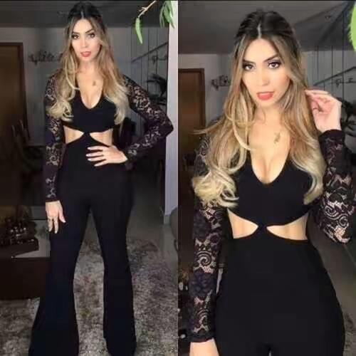 2020 Fashion Women Black Sexy Bandage Jumpsuit Long Sleeve Hollow Out Verano Club Celebrity Party Wholesale Mesh Lace Jumpsuits