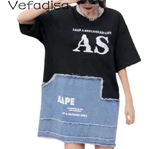 Vefadisa Black Summer Denim Patchwork Dress Women 2021 Letter Print Mini Dress Casual Splicing Short Sleeve Dress Loose QYF5334