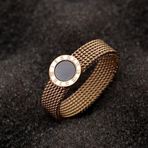 Fashion Love Chain Roman Numerals Round Black Shell Mesh Rings Women Rose Gold Color Stainless Steel Party Wedding