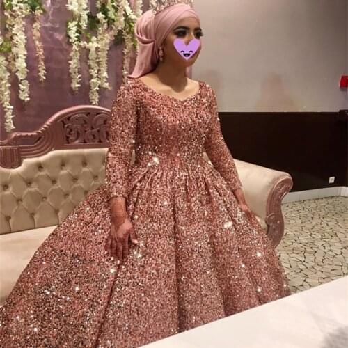 2020 Dubai Rose Gold O-Neck Sequins Wedding Dress Long Sleeves Sparkle High-end Sexy Bridal Gowns robe de mariee WD30628