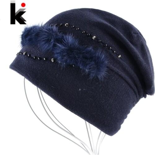 Winter Beanies Hat With Real Fur Adornment For Women Knitted Wool Cap Female Fashion Bead Chain Bonnet Touca Lady Skullies Muts