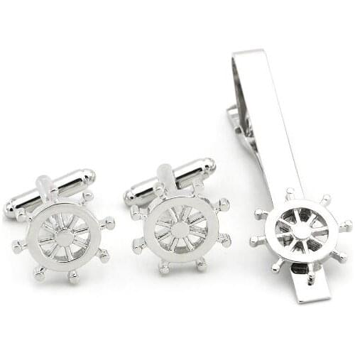 10sets/lot Copper Ship Rudder Cufflinks Tie Clip Set Ship Boat Anchor Rudder Cuff Links&Tie Pin Bar Set Mens Jewelry