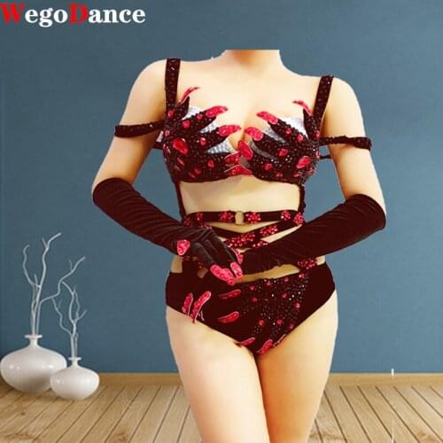 Talons Glove Black Velvet Rhinestones Bandage Bikini Bodysuit Sexy Nightclub Stage Wear Singer Pole Dance Leotard Costume