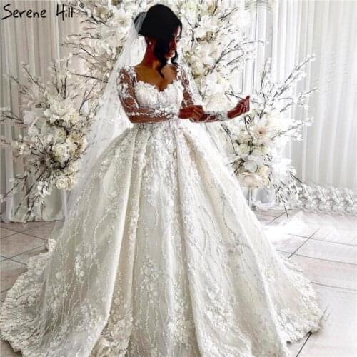 White V-Neck Luxury Handmade Flowers Wedding Dresses 2020 Long Sleeves Vintage Princess Bridal Gowns BHA2263 Custom Made