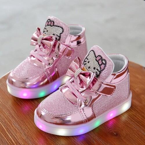 Kitty Children Shoes New Spring Autumn Rhinestone Led Shoes Girls Princess Cute Shoes With Light EU 21-30