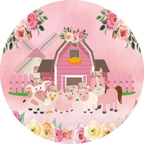 Farm Zenon Cow Pink Kid Party Supplies Flowers House Watercolor Pastel Round Backdrop Girl Birthday Elastic Tablecloth