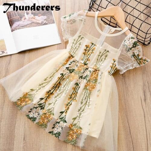 Thunderers Summer Girl Princess Dress Lace Embroidery Tutu Dresses 3Y-7Y Flowers Elegant Girl Wedding Dresses Summer Wear