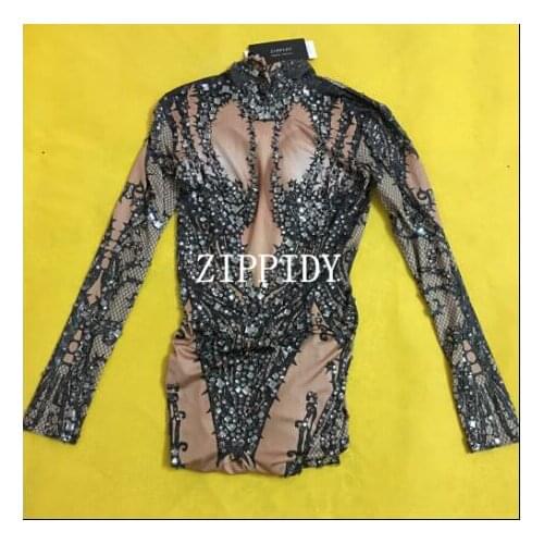 Fashion Hollow Black Crystals Stretch Jumpsuit Sexy Nightclub Bar Dance Wear Bodysuit Leggings Performance Clothing