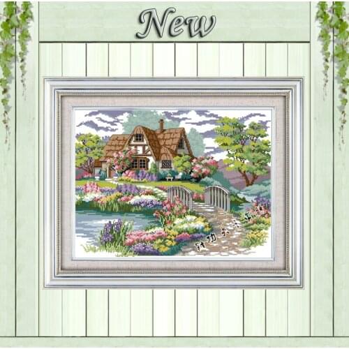 Dream house garden flowers painting decor Counted print on fabric DMC 14CT 11CT DIY Cross Stitch Needlework kits Embroidery Sets