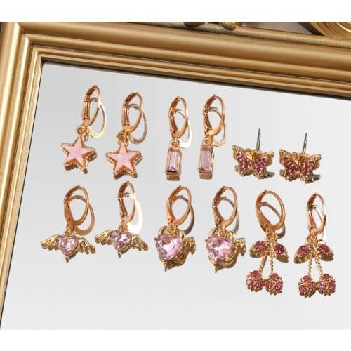 New Sweet Crystal Apple Strawberry Cherry Grape Drop Earrings for Women Gold Color Cute Fruit Small Earring Fashion Jewelry Gift