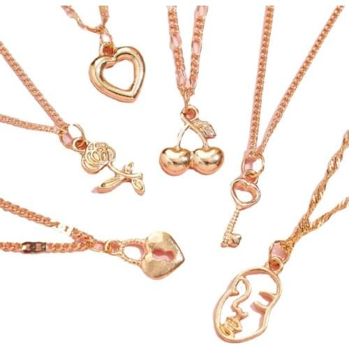 New Fashion Heart Pendant Necklace Set Mini Key Rose Cherry Woman Head Drop Clavicle Necklace Banquet Birthday Gift For Girls