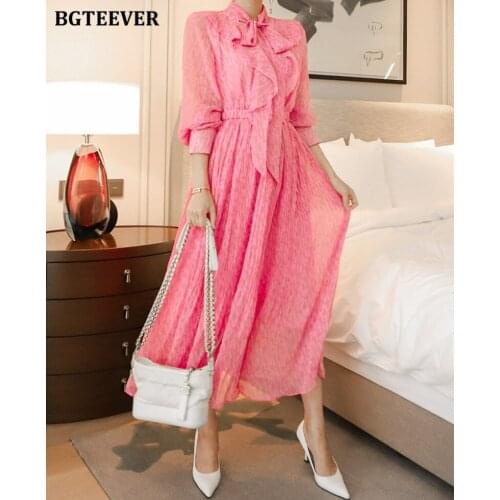 BGTEEVER Spring Summer Bow Neck Ruffles Ladies Printed Dress Full Sleeve Slim Waist Elegant Female A-line Chiffon Vestidos 2021