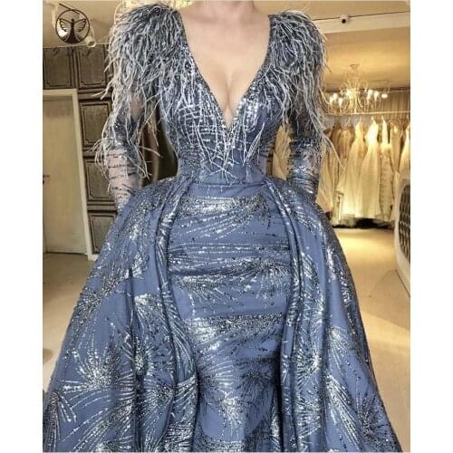 Arabian Design Plunging V Neck Long Sleeve Feather Floor Length Bling Bling Mermaid Dresses with Overskirt
