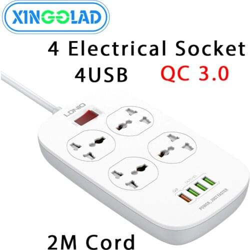 QC 3.0 18W 3.4A 4 Port USB Fast Charging 4 Outlet Universal Electrical Power Strip Extension Socket Network Filter 2M Cord Cable
