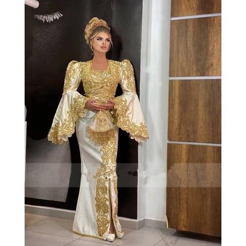 Traditional Kosovo vestidos Formales Arabic Satin Evening Dresses Flared Sleeves Applique Lace Mermaid Prom Dress robe de soiré