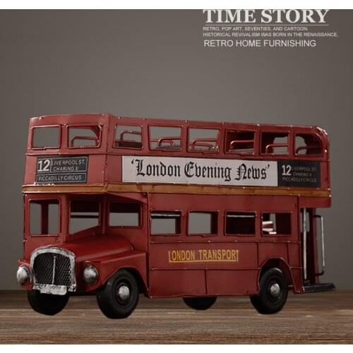 Vintage double layer bus model retro iron art car model crafts home photography props luxury decoration living room TV cabinet