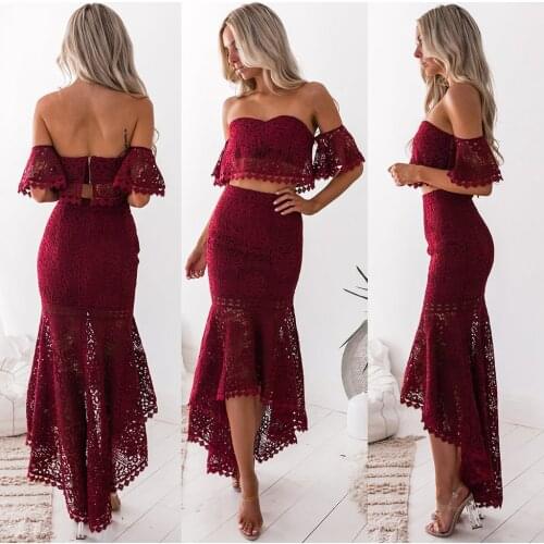 2021 Women Lace Skirt Outfit Off Shoulder Crop Tops Trumpet Skirt Solid Wedding Evening Elegant Set