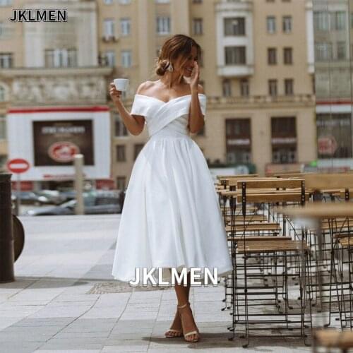 White/ Ivory Tea Length Short Wedding Dress for Women Off the Shoulder A-Line Satin Bridal Gown Vestido De Novia Robe Mariage