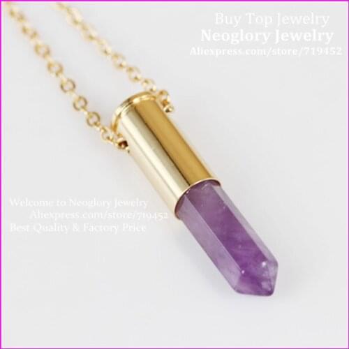 10PCS/LOT Natural Gems Point Bullet Pendant Necklace Hexagon Druzy Quartz Pendant Metal Color Casing Chain Link Necklace